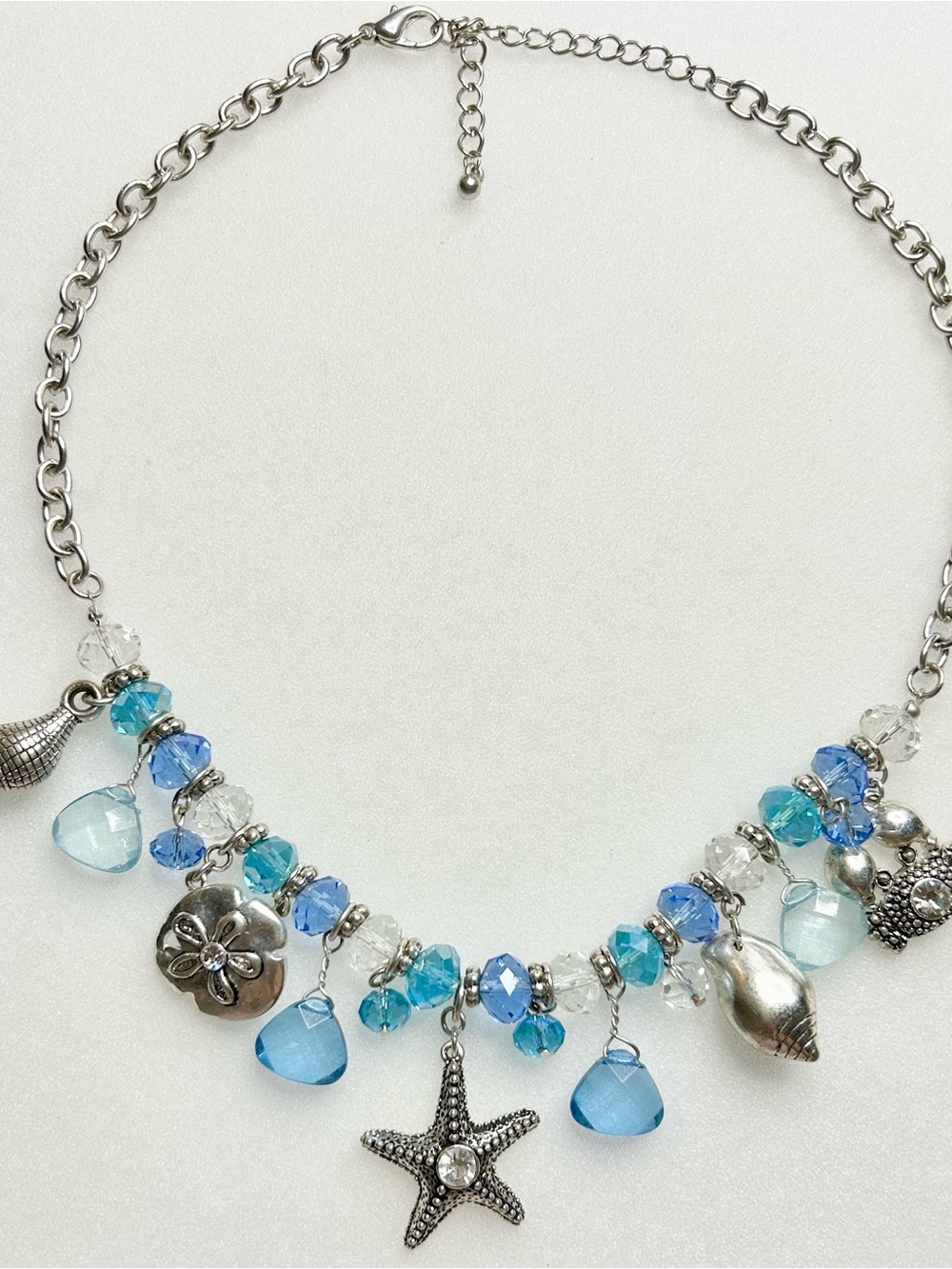 Silver & Blue Beach Charm Necklace with Starfish and Sea Glass Accents